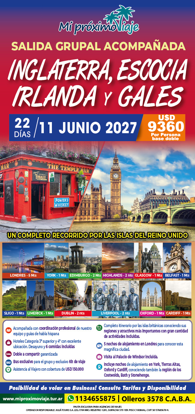INGLATERRA, ESCOCIA, IRLANDA Y GALES - SALIDA GRUPAL ACOMPAÑADA | 11 DE JUNIO 2027